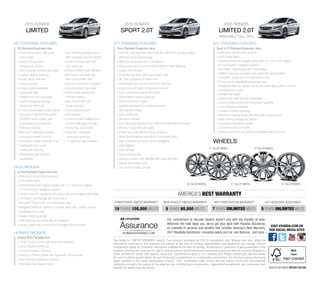 2015 SONATA 
LIMITED 
SE Standard Equipment plus: 
+ Proximity key entry with push-button 
start 
+ Dual-zone automatic 
temperature control 
+ Floor console-mounted rear vents 
+ Leather seating surfaces 
+ Power driver seat with 
lumbar support 
+ 6-way power adjustable 
passenger seat 
+ Heated front and rear seats 
+ Leather-wrapped steering 
wheel and shift knob 
+ 5˝ color touchscreen audio display 
+ Dimension® AM/FM/SiriusXM®/ 
CD/MP3 audio system with 
6 speakers and subwoofer 
+ Rearview camera 
+ Blue Link® telematics system 
+ Woodgrain interior accents 
+ Instrument cluster hood stitching 
+ Leatherette door panel 
inserts with stitching 
+ Manual rear side window 
sunshades 
+ Auto-dimming rearview mirror 
with compass and HomeLink® 
+ Power windows with front 
auto-down/up 
+ Chrome interior door handles 
+ Blind Spot Detection with 
Rear Cross-traffic Alert 
+ Premium door sill scuff plates 
+ Chrome accent front grille 
+ Sport rocker panels with 
chrome molding 
+ Side mirrors with turn 
signal indicators 
+ Dual exhaust system 
+ LED taillights 
+ Chrome accent exterior door 
handles with welcome light 
+ Hands-free smart trunk 
+ Automatic headlights 
+ Temporary spare tire 
+ 17˝ aluminum alloy wheels 
KEY STANDARD FEATURES 
TECH PACKAGE 
Limited Standard Equipment plus: 
+ Panoramic tilt-and-slide sunroof 
+ LED interior lights 
+ Electroluminescent gauge cluster with 4.2 ˝ color LCD display 
+ 8˝ touchscreen navigation system 
+ Infinity® premium speakers with subwoofer and amplifier (400 Watt) 
+ HD Radio™ technology with multicasting 
+ SiriusXM® Travel Link® (complimentary trial) 
+ Integrated Memory System for power driver seat, exterior mirrors 
+ Ventilated front seats 
+ Heated steering wheel 
+ High Intensity Discharge Xenon headlights 
+ Glossy black door surround and outside mirror accents 
ULTIMATE PACKAGE 
Limited Tech Package plus: 
+ Smart Cruise Control with stop/start capability 
+ Lane Departure Warning 
+ Forward Collision Warning 
+ Electronic Parking Brake with Automatic Vehicle Hold 
+ Rear Parking Assistance System 
+ Automatic High Beam Assist 
2015 SONATA 
SPORT 2.0T 
KEY STANDARD FEATURES 
Sport Standard Equipment plus: 
+ 245 HP, 2.0L Gasoline Direct Injection DOHC 4-cylinder engine 
with twin-scroll turbocharger 
+ Sport-tuned suspension and steering 
+ Dual-pinion rack-mounted Motor Driven Power Steering 
+ Larger front brakes 
+ Proximity key entry with push-button start 
+ 3D Tech appearance interior trim 
+ Leatherette door panel inserts with stitching 
+ Dual-zone automatic temperature control 
+ Floor console-mounted rear vents 
+ Sport leather seating surfaces 
+ Sport instrument cluster 
+ Leather-wrapped D-cut steering wheel 
with paddle shifters 
+ Sport shift knob 
+ Aluminum pedals 
+ Auto-dimming rearview mirror with compass and HomeLink® 
+ Premium door sill scuff plates 
+ Power windows with front auto-down/up 
+ Blind Spot Detection with Rear Cross-traffic Alert 
+ High Intensity Discharge Xenon headlights 
+ LED taillights 
+ Rear diffuser 
+ Quad exhaust tips 
+ Chrome exterior door handles with welcome light 
+ Hands-free smart trunk 
+ 18˝ aluminum alloy wheels 
2015 SONATA 
LIMITED 2.0T 
AVAILABLE FALL 2014 
KEY STANDARD FEATURES 
Sport 2.0T Standard Equipment plus: 
+ Panoramic tilt-and-slide sunroof 
+ LED interior lights 
+ Electroluminescent gauge cluster with 4.2˝ color LCD display 
+ 8˝ touchscreen navigation system 
+ HD Radio™ technology with multicasting 
+ Infinity® premium speakers with subwoofer and amplifier 
+ SiriusXM® Travel Link® (complimentary trial) 
+ 6-way power adjustable passenger seat 
+ Integrated Memory System for power driver seat, exterior mirrors 
+ Ventilated front seats 
+ Heated rear seats 
+ Manual rear side window sunshades 
+ Smart Cruise Control with stop/start capability 
+ Lane Departure Warning 
+ Forward Collision Warning 
+ Electronic Parking Brake with Automatic Vehicle Hold 
+ Rear Parking Assistance System 
+ Automatic High Beam Assist 
+ Chrome accent front grille 
+ Glossy black door surround and outside mirror accents 
17˝ ALLOY WHEEL 
Our commitment to Hyundai owners doesn’t end with the transfer of keys. 
Wherever the road takes you, we’ve got your back with Hyundai Assurance, 
an umbrella of services and benefits that includes America’s Best Warranty, 
24/7 Roadside Assistance, innovative safety and car care features...and more. 
POWERTRAIN LIMITED WARRANTY 
10 YEARS 100,000 MILES 
NEW VEHICLE LIMITED WARRANTY 
5 YEARS 60,000 MILES 
ANTI-PERFORATION WARRANTY 
7 YEARS UNLIMITED MILES 
24/7 ROADSIDE ASSISTANCE 
5 YEARS UNLIMITED MILES 
AMERICA’S BEST WARRANTY 
HYUNDAIASSURANCE.COM 
WHEELS 
16˝ ALLOY WHEEL 17˝ ALLOY WHEEL 
18˝ ALLOY WHEEL 
18˝ ALLOY WHEEL 
VISIT HYUNDAI.COM OR 
OUR SOCIAL MEDIA SITES 
See dealer for LIMITED WARRANTY details. Fuel economy estimated by EPA for comparison only. Mileage may vary. While the 
information contained in this brochure was correct at the time of printing, specifications and equipment can change. Feature 
comparisons based on competitor information available at the time of printing. No warranty or guarantee is being extended in this 
brochure, and Hyundai reserves the right to change product specifications and equipment at any time without incurring obligations. 
Some vehicles are shown with optional equipment. Specifications apply to U.S. vehicles only. Please contact your Hyundai dealer 
for current vehicle specifications. As part of Hyundai’s commitment to a responsible environment, this brochure was printed using 
paper certified by the Forest Stewardship Council.™ FSC® certification helps ensure that the highest social and environmental 
standards are met in the making of the paper we use, contributing to conservation, responsible management, and community-level 
benefits for people near the forests. ©2014 HYUNDAI NP020 F2015B 
