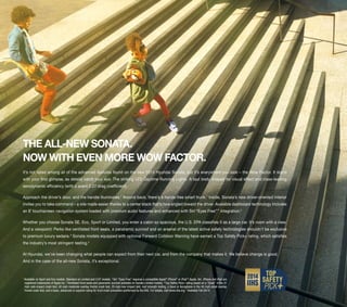 THE ALL-NEW SONATA. 
NOW WITH EVEN MORE WOW FACTOR. 
It’s not listed among all of the advanced features found on the new 2015 Hyundai Sonata, but it’s everywhere you look – the Wow Factor. It starts 
with your first glimpse, as details catch your eye: The striking LED Daytime Running Lights. A taut body shaped for visual effect and class-leading 
aerodynamic efficiency (with a scant 0.27 drag coefficient). 
Approach the driver’s door, and the handle illuminates.1 Around back, there’s a hands-free smart trunk.1 Inside, Sonata’s new driver-oriented interior 
invites you to take command – a role made easier thanks to a center stack that’s now angled toward the driver. Available dashboard technology includes 
an 8˝ touchscreen navigation system loaded with premium audio features and enhanced with Siri “Eyes Free”™ integration.2 
Whether you choose Sonata SE, Eco, Sport or Limited, you enter a cabin so spacious, the U.S. EPA classifies it as a large car. It’s room with a view. 
And a viewpoint: Perks like ventilated front seats, a panoramic sunroof and an arsenal of the latest active safety technologies shouldn’t be exclusive 
to premium luxury sedans.3 Sonata models equipped with optional Forward Collision Warning have earned a Top Safety Pick+ rating, which satisfies 
the industry’s most stringent testing.4 
At Hyundai, we’ve been changing what people can expect from their next car, and from the company that makes it. We believe change is good. 
And in the case of the all-new Sonata, it’s exceptional. 
1 Available on Sport and Eco models. Standard on Limited and 2.0T models. 2 Siri “Eyes Free” requires a compatible Apple® iPhone® or iPad.® Apple, Siri, iPhone and iPad are 
registered trademarks of Apple Inc. 3 Ventilated front seats and panoramic sunroof available on Sonata Limited models. 4 Top Safety Pick+ rating based on a “Good” in the 31 
mph side-impact crash test, 40 mph moderate overlap frontal crash test, 20 mph rear-impact test, roof strength testing, a Good or Acceptable in the 40 mph small overlap 
frontal crash test, and a basic, advanced or superior rating for front crash prevention performed by the IIHS. For details, visit www.iihs.org. 5 Available Fall 2014. 
 