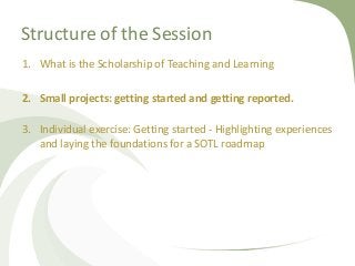 Structure of the Session
1. What is the Scholarship of Teaching and Learning
2. Small projects: getting started and gettin...