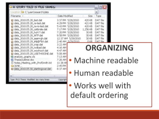 ORGANIZING
• Machine readable
• Human readable
• Works well with
default ordering
 