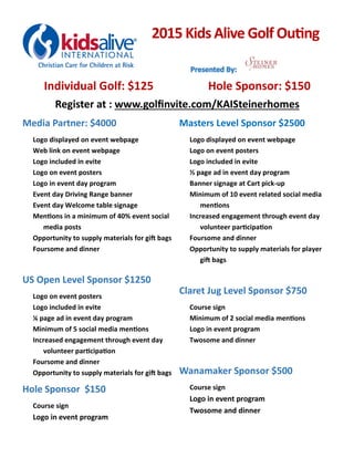 Media Partner: $4000
Logo displayed on event webpage
Web link on event webpage
Logo included in evite
Logo on event posters
Logo in event day program
Event day Driving Range banner
Event day Welcome table signage
Mentions in a minimum of 40% event social
media posts
Opportunity to supply materials for gift bags
Foursome and dinner
US Open Level Sponsor $1250
Logo on event posters
Logo included in evite
¼ page ad in event day program
Minimum of 5 social media mentions
Increased engagement through event day
volunteer participation
Foursome and dinner
Opportunity to supply materials for gift bags
Hole Sponsor $150
Course sign
Logo in event program
Masters Level Sponsor $2500
Logo displayed on event webpage
Logo on event posters
Logo included in evite
½ page ad in event day program
Banner signage at Cart pick-up
Minimum of 10 event related social media
mentions
Increased engagement through event day
volunteer participation
Foursome and dinner
Opportunity to supply materials for player
gift bags
Claret Jug Level Sponsor $750
Course sign
Minimum of 2 social media mentions
Logo in event program
Twosome and dinner
Wanamaker Sponsor $500
Course sign
Logo in event program
Twosome and dinner
2015 KidsAlive Golf Outing
Individual Golf: $125 Hole Sponsor: $150
Register at : www.golfinvite.com/KAISteinerhomes
 