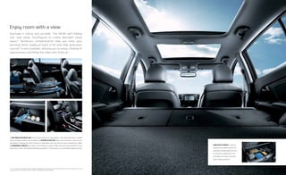 14, * See Features and Specifications pages for availability and endnote. Not all optional features are available on all trims.
Images shown for illustration only. EX WITH PREMIUM PACKAGE SHOWN.
CONCEALED STORAGE A spacious
compartment hidden beneath the
cargo floor provides plenty of room
for all kinds of equipment. The
removable tray keeps any loose
items neatly organized.
1. RECLINING 60/40 REAR SEAT The rear seat reclines into two positions, and easily folds down in a 60/40
split to provide comfort and versatility. 2. COOLING GLOVE BOX Along with providing a spot to carry
small items, Sportage EX and SX feature a cooling glove box that lets you keep refreshments chilled.
3. CONVENIENT CONSOLE The center console features a large storage area, where personal items can be
kept close at hand, and includes illuminated cupholders. The lid serves as a comfortable padded armrest.
32
Sportage is roomy and versatile. The 60/40 split-folding
rear seat easily reconfigures to create abundant cargo
space.14
Numerous compartments help you keep your
personal items readily at hand. A tilt-and-slide panoramic
sunroof* is also available, allowing you to enjoy a feeling of
spaciousness and filling the cabin with fresh air.
Enjoy room with a view
1
 