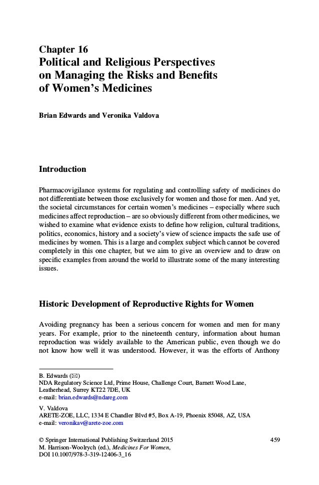 Chapter 16
Political and Religious Perspectives
on Managing the Risks and Benefits
of Women’s Medicines
Brian Edwards and ...