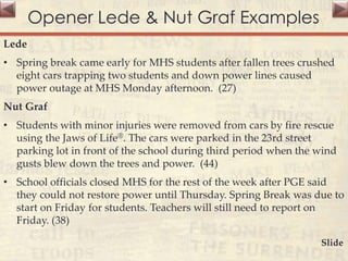 Opener Lede & Nut Graf Examples
Lede
• Spring break came early for MHS students after fallen trees crushed
eight cars trapping two students and down power lines caused
power outage at MHS Monday afternoon. (27)
Nut Graf
• Students with minor injuries were removed from cars by fire rescue
using the Jaws of Life®. The cars were parked in the 23rd street
parking lot in front of the school during third period when the wind
gusts blew down the trees and power. (44)
• School officials closed MHS for the rest of the week after PGE said
they could not restore power until Thursday. Spring Break was due to
start on Friday for students. Teachers will still need to report on
Friday. (38)
Slide
 