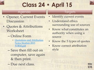 Agenda Targets
Class 24 • April 15
• Opener, Current Events
Discussion
• Quotes & Attributions
Worksheet
– Online Form
• Quotations and Attribution
Notes Stratton 2015
FORM.pdf
– Save then fill out on
computer, save again
& then print.
– Due next class.
• Identify current events
• Understand ethics
surrounding use of sources
• Know what constitutes an
authority when using a
source
• Know the 5 types of quotes
• Know correct attribution
style
Slide
131
 