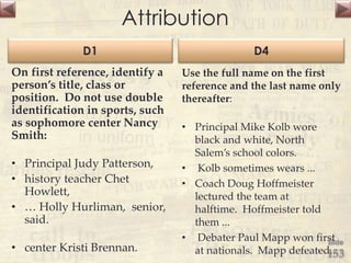 Attribution
D1
On first reference, identify a
person’s title, class or
position. Do not use double
identification in sports, such
as sophomore center Nancy
Smith:
• Principal Judy Patterson,
• history teacher Chet
Howlett,
• … Holly Hurliman, senior,
said.
• center Kristi Brennan.
D4
Use the full name on the first
reference and the last name only
thereafter:
• Principal Mike Kolb wore
black and white, North
Salem’s school colors.
• Kolb sometimes wears ...
• Coach Doug Hoffmeister
lectured the team at
halftime. Hoffmeister told
them ...
• Debater Paul Mapp won first
at nationals. Mapp defeated...
Slide
153
 