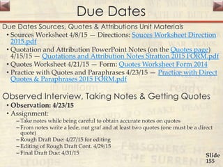 Due Dates
Due Dates Sources, Quotes & Attributions Unit Materials
• Sources Worksheet 4/8/15 — Directions: Souces Worksheet Direction
2015.pdf
• Quotation and Attribution PowerPoint Notes (on the Quotes page)
4/15/15 — Quotations and Attribution Notes Stratton 2015 FORM.pdf
• Quotes Worksheet 4/21/15 — Form: Quotes Worksheet Form 2014
• Practice with Quotes and Paraphrases 4/23/15 — Practice with Direct
Quotes & Paraphrases 2015 FORM.pdf
Observed Interview, Taking Notes & Getting Quotes
• Observation: 4/23/15
• Assignment:
– Take notes while being careful to obtain accurate notes on quotes
– From notes write a lede, nut graf and at least two quotes (one must be a direct
quote)
– Rough Draft Due: 4/27/15 for editing
– Editing of Rough Draft Cont. 4/29/15
– Final Draft Due: 4/31/15 Slide
155
 