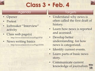 Agenda Targets
Class 3 • Feb. 4
• Opener
• Pretest
• Icebreaker “Interview”
activity
• Class web page(s)
– http://www.nclack.k12.or.us/Page/5742
• News writing basics
– http://www.nclack.k12.or.us/Page/25354
• Understand why news is
often called the first draft of
history.
• Learn how news is reported
and accessed.
• Develop better
understanding for how
news is categorized.
• Identify current events.
• Learn parts of basic news
story.
• Communicate current
knowledge of journalism.
Slide
18
 