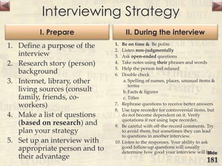 Interviewing Strategy
I. Prepare
1. Define a purpose of the
interview
2. Research story (person)
background
3. Internet, library, other
living sources (consult
family, friends, co-
workers)
4. Make a list of questions
(based on research) and
plan your strategy
5. Set up an interview with
appropriate person and to
their advantage
II. During the interview
1. Be on time & Be polite
2. Listen non-judgmentally
3. Ask open-ended questions
4. Take notes using their phrases and words
5. Help the person feel relaxed
6. Double check
a. Spelling of names, places, unusual items &
terms
b.Facts & figures
c. Titles
7. Rephrase questions to receive better answers
8. Use tape recorder for controversial items, but
do not become dependent on it. Verify
quotations if not using tape recorder.
9. Be careful with off-the-record comments. Try
to avoid them, but sometimes they can lead
to questions in another interview.
10. Listen to the responses. Your ability to ask
good follow-up questions will usually
determine how good your interview will be.Slide
181
 