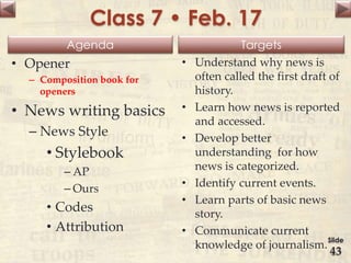Agenda Targets
Class 7 • Feb. 17
• Opener
– Composition book for
openers
• News writing basics
– News Style
• Stylebook
– AP
– Ours
• Codes
• Attribution
• Understand why news is
often called the first draft of
history.
• Learn how news is reported
and accessed.
• Develop better
understanding for how
news is categorized.
• Identify current events.
• Learn parts of basic news
story.
• Communicate current
knowledge of journalism.
Slide
43
 