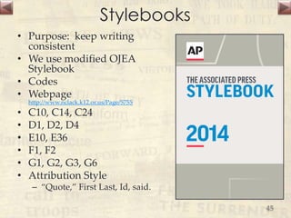 Stylebooks
• Purpose: keep writing
consistent
• We use modified OJEA
Stylebook
• Codes
• Webpage
http://www.nclack.k12.or.us/Page/5755
• C10, C14, C24
• D1, D2, D4
• E10, E36
• F1, F2
• G1, G2, G3, G6
• Attribution Style
– “Quote,” First Last, Id, said.
45
 
