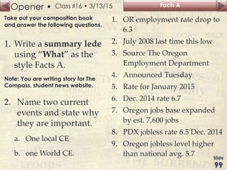 Opener • Class ♯16 • 3/13/15
Take out your composition book
and answer the following questions.
1. Write a summary lede
using “What” as the
style Facts A.
Note: You are writing story for The
Compass, student news website.
2. Name two current
events and state why
they are important.
a. One local CE
b. one World CE.
Facts A
1. OR employment rate drop to
6.3
2. July 2008 last time this low
3. Source The Oregon
Employment Department
4. Announced Tuesday
5. Rate for January 2015
6. Dec. 2014 rate 6.7
7. Oregon jobs base expanded
by est. 7,600 jobs
8. PDX jobless rate 6.5 Dec. 2014
9. Oregon jobless level higher
than national avg. 5.7
 