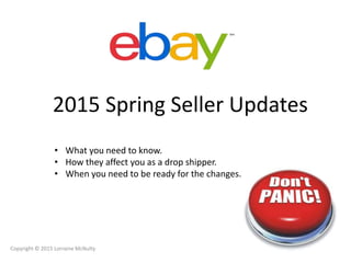 2015 Spring Seller Updates
• What you need to know.
• How they affect you as a drop shipper.
• When you need to be ready for the changes.
Copyright © 2015 Lorraine McNulty
 