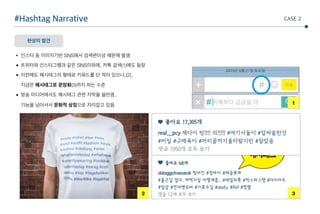 CASE 2#Hashtag Narrative
• 인스타 등 이미지기반 SNS에서 검색편이성 때문에 발생
• 트위터와 인스타그램과 같은 SNS이외에, 카톡 검색(1)에도 등장
• 이전에도 해시태그의 형태로 키워드를 단 적이 있으나,(2),  
지금은 해시태그로 문장화(3)까지 하는 수준
• 방송 미디어에서도 해시태그 관련 자막을 쓸만큼,  
기능을 넘어서서 문화적 상징으로 자리잡고 있음
현상의 발견
2 3
1
 