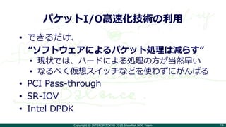 Copyright © INTEROP TOKYO 2015 ShowNet NOC Team 16
パケットI/O高速化技術の利用
• できるだけ、
”ソフトウェアによるパケット処理は減らす”
• 現状では、ハードによる処理の方が当然早い
• なるべく仮想スイッチなどを使わずにがんばる
• PCI Pass-through
• SR-IOV
• Intel DPDK
 