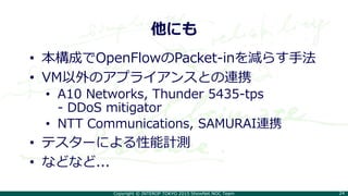 Copyright © INTEROP TOKYO 2015 ShowNet NOC Team 24
他にも
• 本構成でOpenFlowのPacket-inを減らす手法
• VM以外のアプライアンスとの連携
• A10 Networks, Thunder 5435-tps
- DDoS mitigator
• NTT Communications, SAMURAI連携
• テスターによる性能計測
• などなど...
 