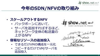 Copyright © INTEROP TOKYO 2015 ShowNet NOC Team 7
今年のSDN/NFVの取り組み
• スケールアウトするNFV
• バックボーンにおいて、
• サーバを追加すればするほど、
ネットワーク全体の転送量の
上がるNFV
• 容易なリソースの追加投入
• できるだけVMの構成を一元化
• コピーするだけでVM/サーバを
追加投入
 