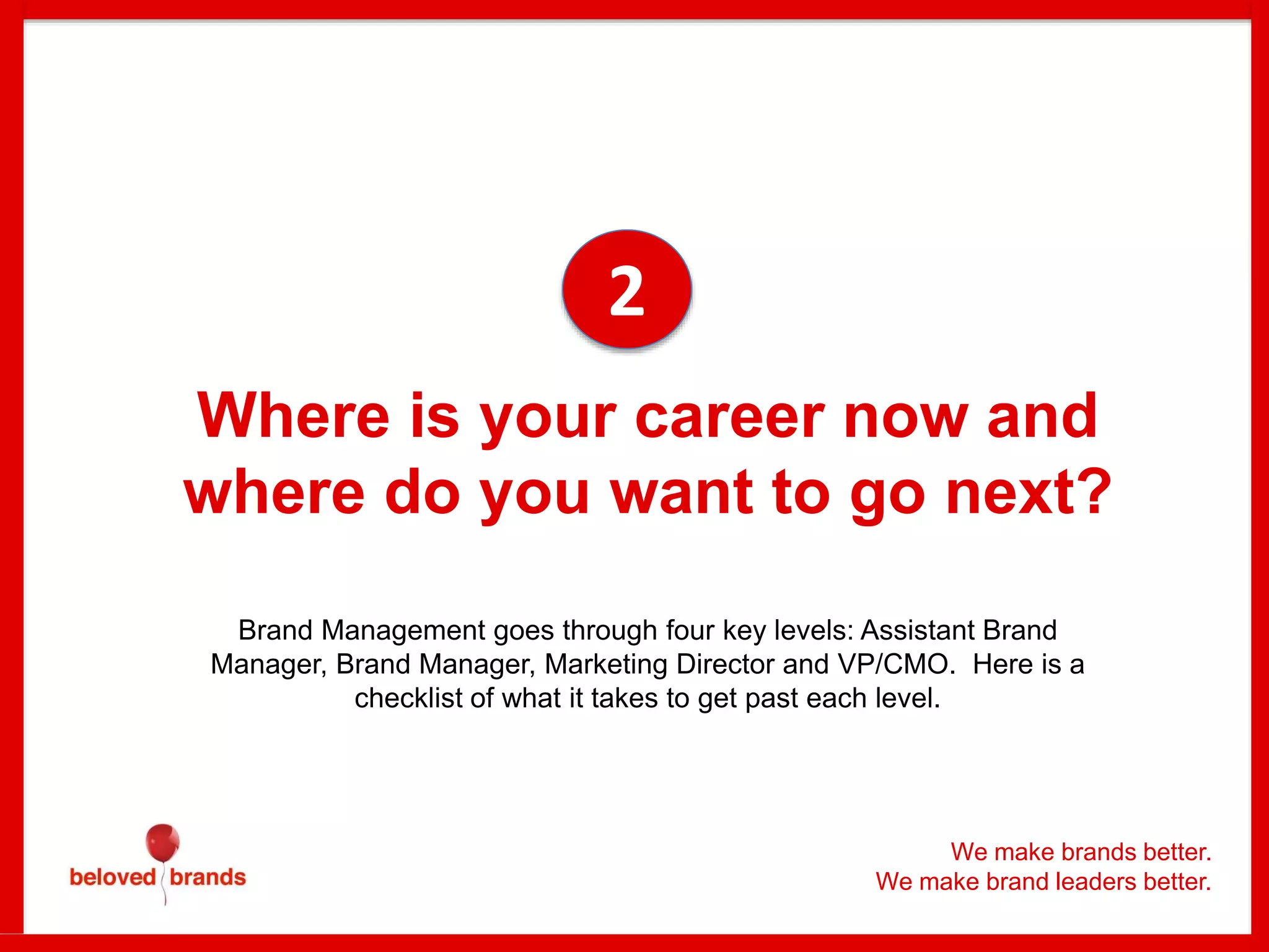 Where is your career now and
where do you want to go next?
Brand Management goes through four key levels: Assistant Brand
Manager, Brand Manager, Marketing Director and VP/CMO. Here is a
checklist of what it takes to get past each level.
2
We make brands better.
We make brand leaders better.
 