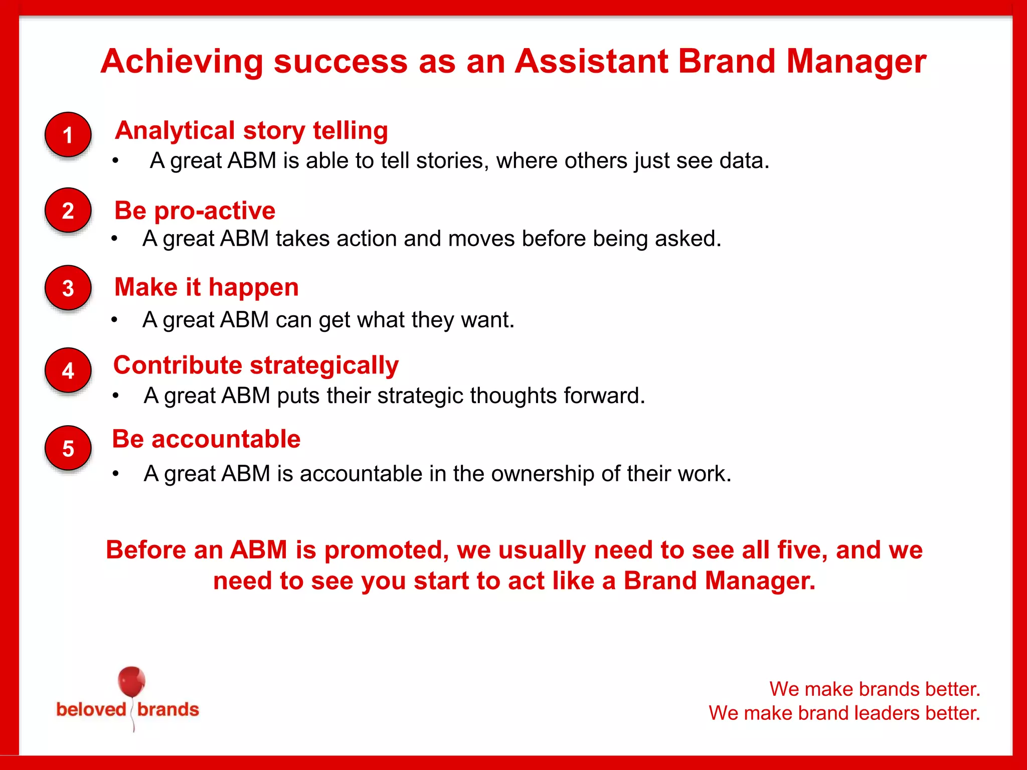 We make brands better.
We make brand leaders better.
Analytical story telling
• A great ABM is able to tell stories, where others just see data.
Be pro-active
• A great ABM can get what they want.
• A great ABM takes action and moves before being asked.
• A great ABM puts their strategic thoughts forward.
• A great ABM is accountable in the ownership of their work.
Make it happen
Contribute strategically
Be accountable
Achieving success as an Assistant Brand Manager
Before an ABM is promoted, we usually need to see all five, and we
need to see you start to act like a Brand Manager.
1
5
4
3
2
 