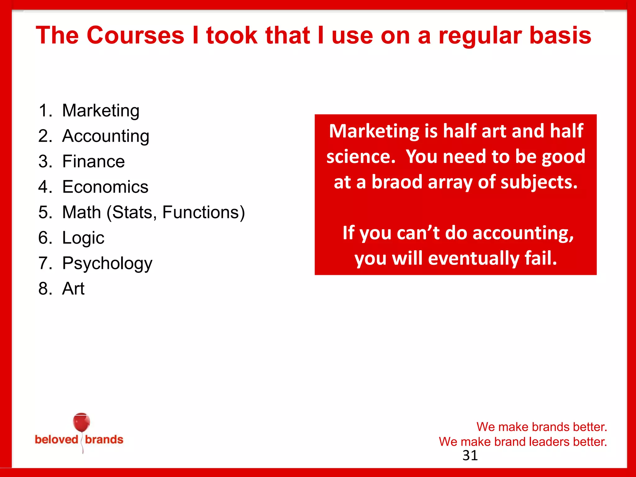 We make brands better.
We make brand leaders better.
The Courses I took that I use on a regular basis
1. Marketing
2. Accounting
3. Finance
4. Economics
5. Math (Stats, Functions)
6. Logic
7. Psychology
8. Art
31
Marketing is half art and half
science. You need to be good
at a braod array of subjects.
If you can’t do accounting,
you will eventually fail.
 