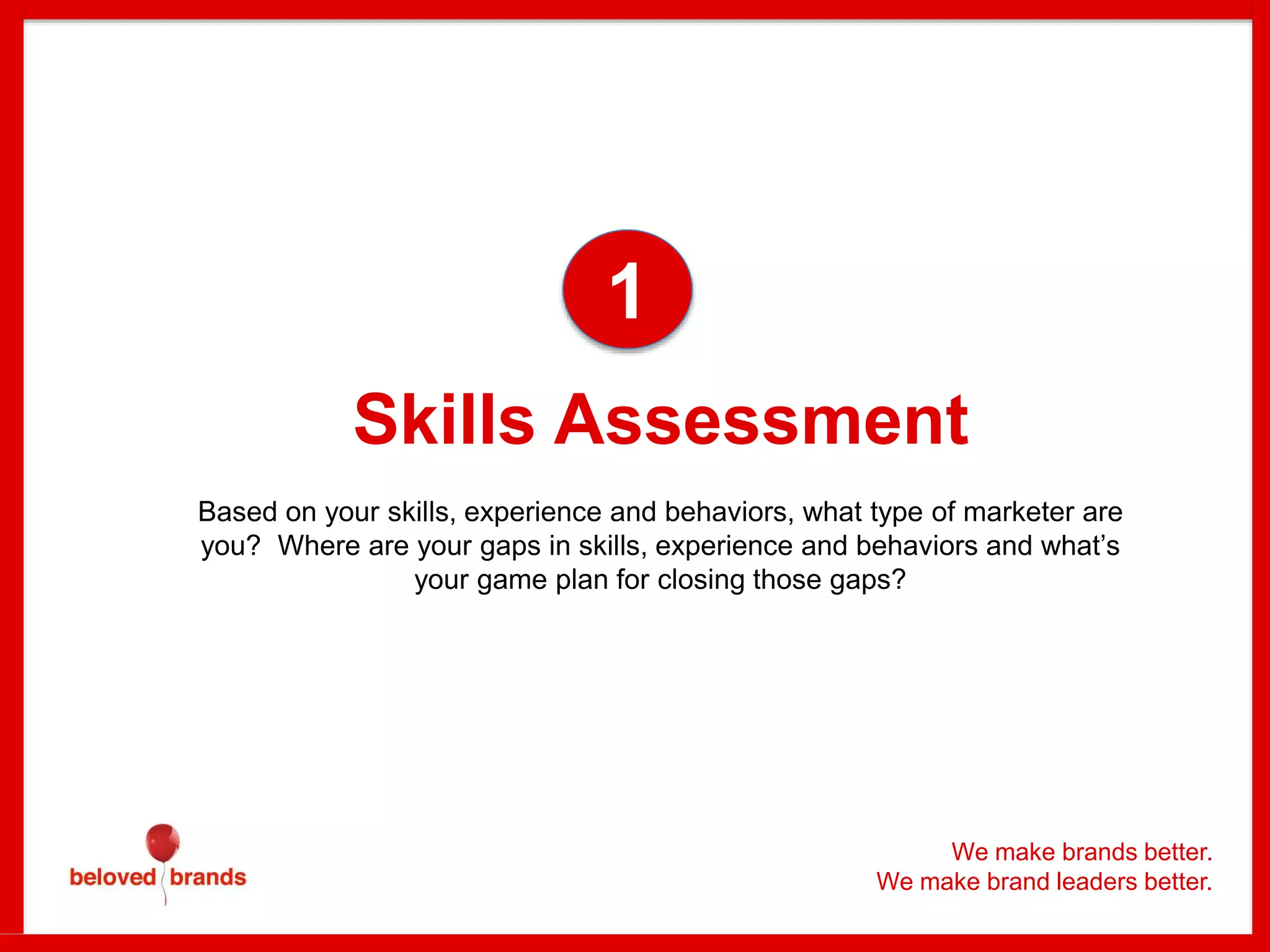 Skills Assessment
Based on your skills, experience and behaviors, what type of marketer are
you? Where are your gaps in skills, experience and behaviors and what’s
your game plan for closing those gaps?
1
We make brands better.
We make brand leaders better.
 