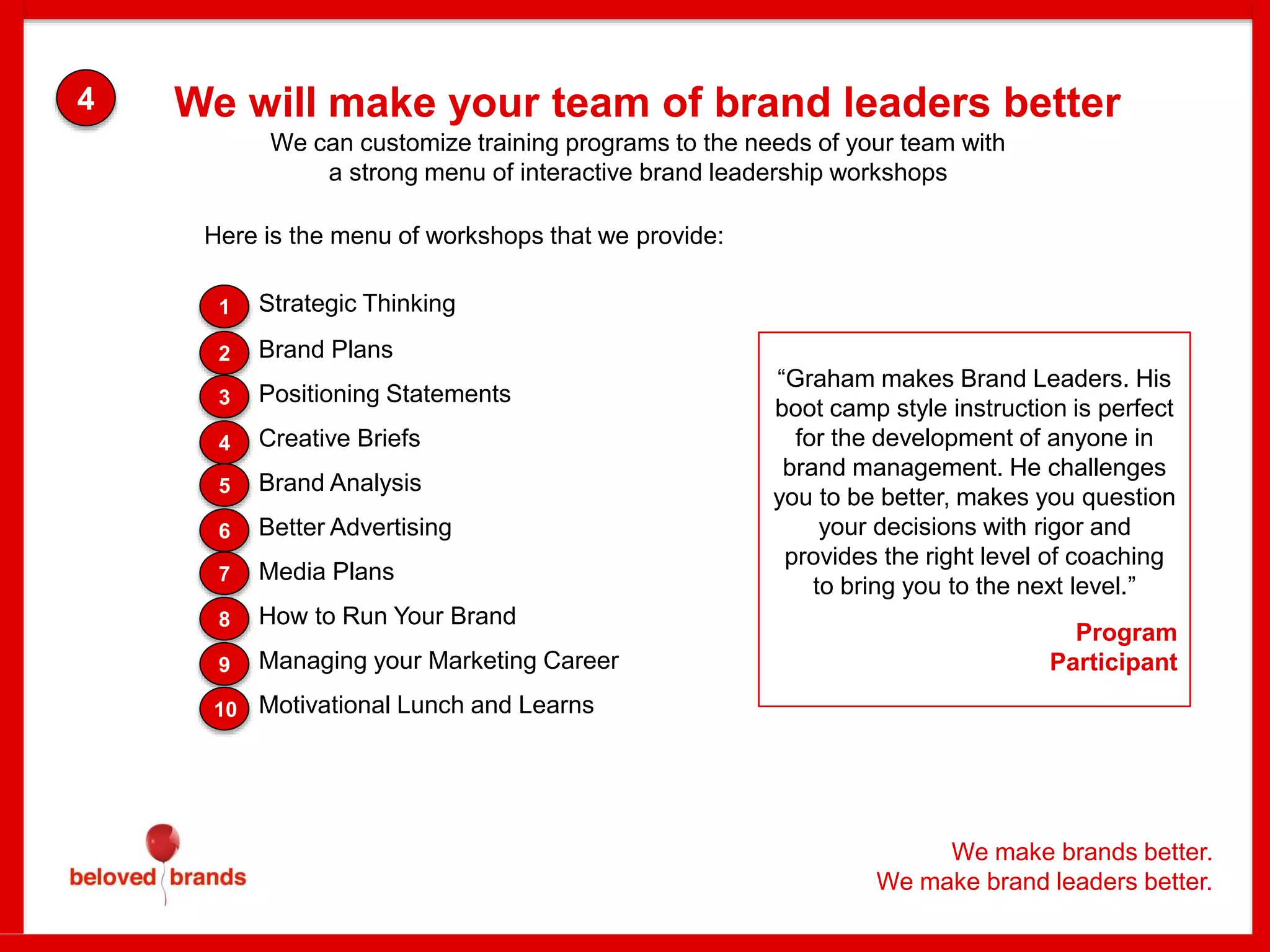 We make brands better.
We make brand leaders better.
Strategic Thinking
Brand Plans
Positioning Statements
Creative Briefs
Brand Analysis
Better Advertising
Media Plans
How to Run Your Brand
Managing your Marketing Career
Motivational Lunch and Learns
1
2
3
4
5
6
7
8
9
10
“Graham makes Brand Leaders. His
boot camp style instruction is perfect
for the development of anyone in
brand management. He challenges
you to be better, makes you question
your decisions with rigor and
provides the right level of coaching
to bring you to the next level.”
Program
Participant
Here is the menu of workshops that we provide:
We can customize training programs to the needs of your team with
a strong menu of interactive brand leadership workshops
We will make your team of brand leaders better4
 