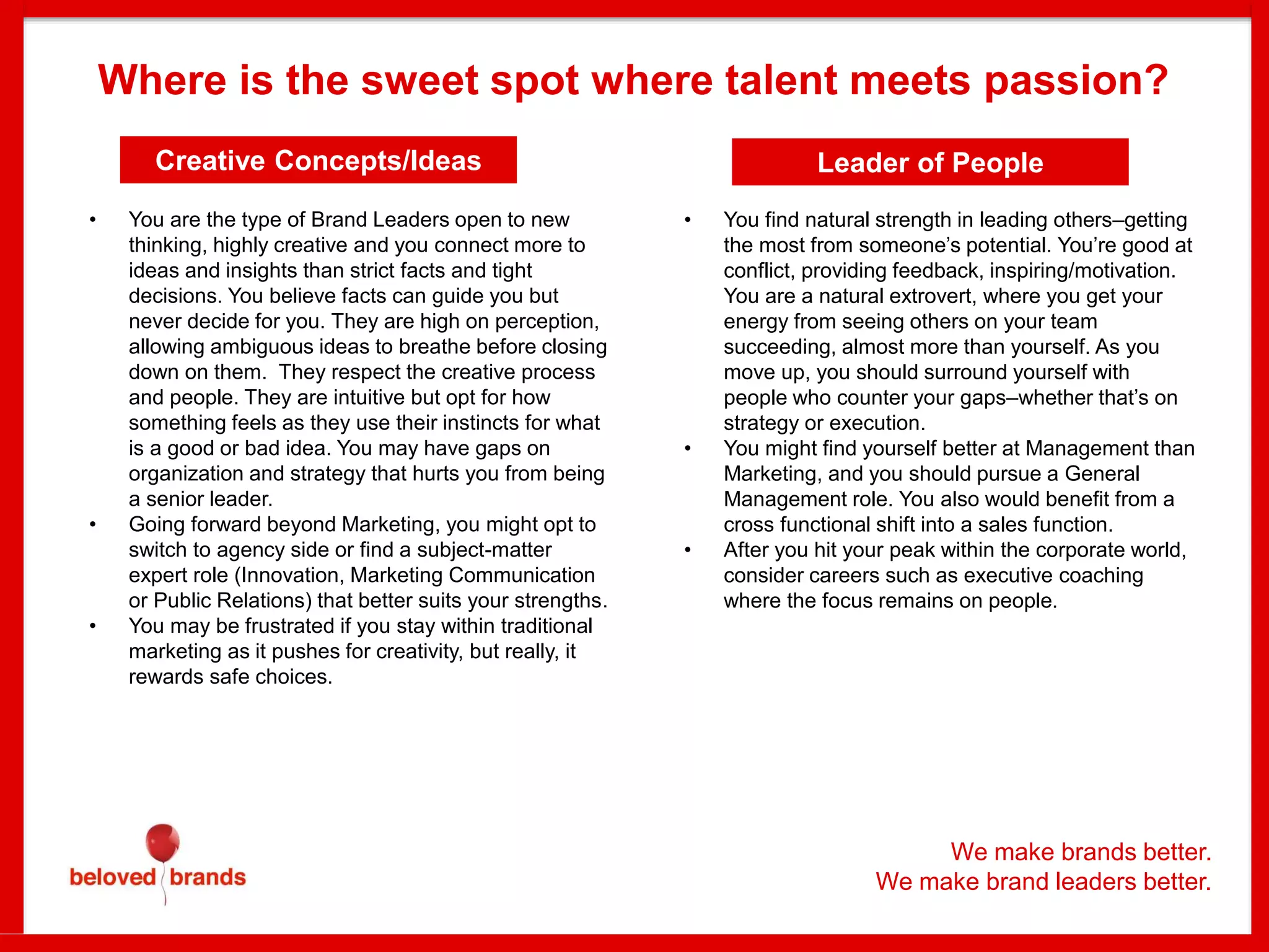 Creative Concepts/Ideas
Where is the sweet spot where talent meets passion?
We make brands better.
We make brand leaders better.
• You are the type of Brand Leaders open to new
thinking, highly creative and you connect more to
ideas and insights than strict facts and tight
decisions. You believe facts can guide you but
never decide for you. They are high on perception,
allowing ambiguous ideas to breathe before closing
down on them. They respect the creative process
and people. They are intuitive but opt for how
something feels as they use their instincts for what
is a good or bad idea. You may have gaps on
organization and strategy that hurts you from being
a senior leader.
• Going forward beyond Marketing, you might opt to
switch to agency side or find a subject-matter
expert role (Innovation, Marketing Communication
or Public Relations) that better suits your strengths.
• You may be frustrated if you stay within traditional
marketing as it pushes for creativity, but really, it
rewards safe choices.
• You find natural strength in leading others–getting
the most from someone’s potential. You’re good at
conflict, providing feedback, inspiring/motivation.
You are a natural extrovert, where you get your
energy from seeing others on your team
succeeding, almost more than yourself. As you
move up, you should surround yourself with
people who counter your gaps–whether that’s on
strategy or execution.
• You might find yourself better at Management than
Marketing, and you should pursue a General
Management role. You also would benefit from a
cross functional shift into a sales function.
• After you hit your peak within the corporate world,
consider careers such as executive coaching
where the focus remains on people.
Leader of People
 