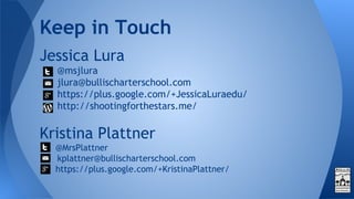 Jessica Lura
@msjlura
jlura@bullischarterschool.com
https://plus.google.com/+JessicaLuraedu/
http://shootingforthestars.me/
Kristina Plattner
@MrsPlattner
kplattner@bullischarterschool.com
https://plus.google.com/+KristinaPlattner/
Keep in Touch
 