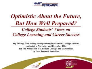 Optimistic About the Future,
But How Well Prepared?
College Students’ Views on
College Learning and Career Success
Key findings from survey among 400 employers and 613 college students
conducted in November and December 2014
for The Association of American Colleges and Universities
by Hart Research Associates
 