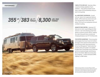 Tows up to 8,300 lbs.  Suburban offers
a maximum towing capability of up to
8,300 lbs.1
— that’s plenty of power to tow
bo...