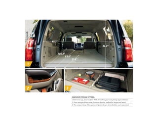 2
1
100.3
49.3
34.4
63.6
3
31.6
INGENIOUS STORAGE OPTIONS.
1. Fold seats up, down or flat. With Suburban you have plenty o...