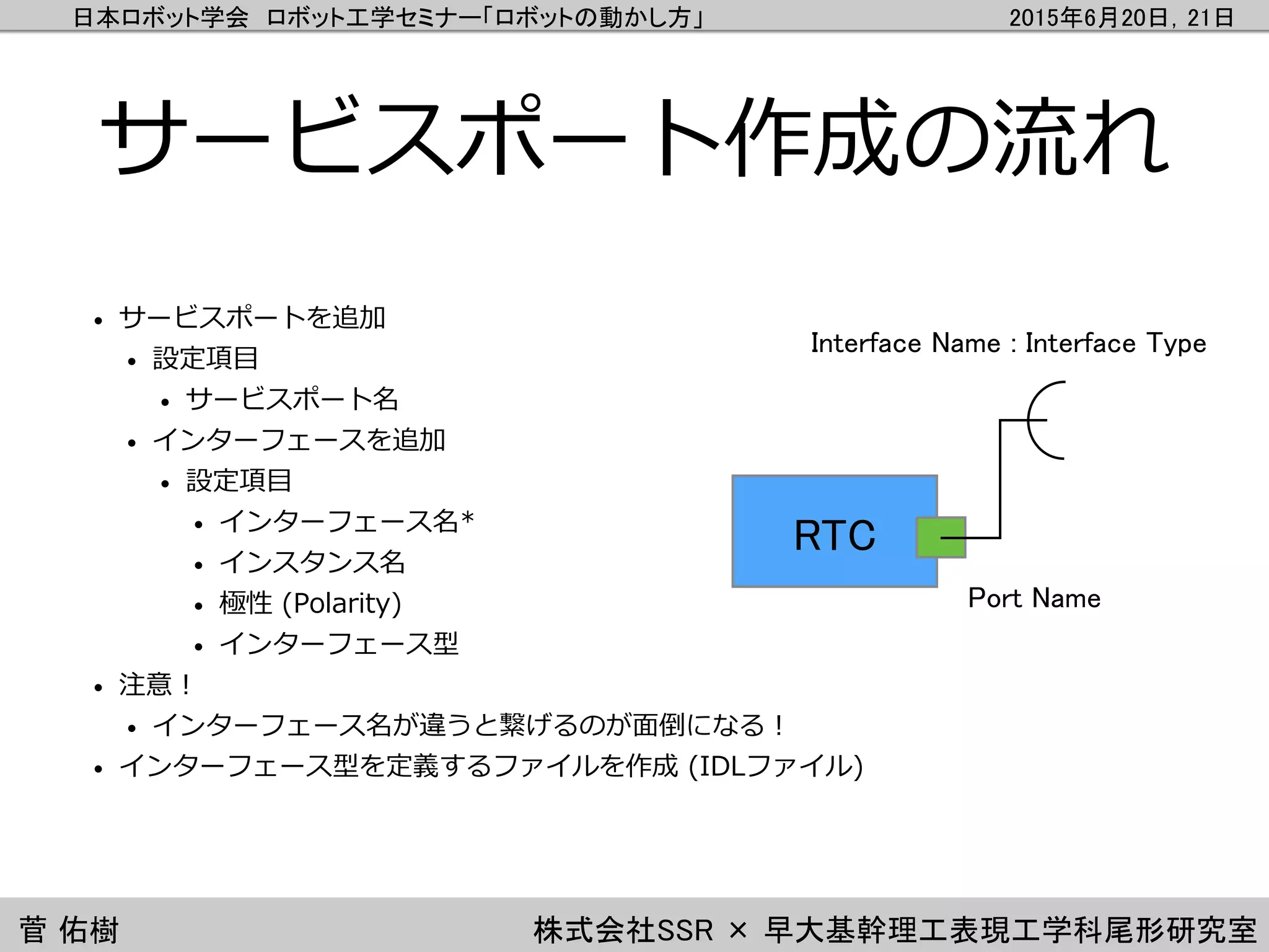 日本ロボット学会 ロボット工学セミナー「ロボットの動かし方」 2015年6月20日，21日
菅 佑樹 株式会社SSR × 早大基幹理工表現工学科尾形研究室
サービスポート作成の流れ
• サービスポートを追加
• 設定項目
• サービスポート名
• インターフェースを追加
• 設定項目
• インターフェース名*
• インスタンス名
• 極性 (Polarity)
• インターフェース型
• 注意！
• インターフェース名が違うと繋げるのが面倒になる！
• インターフェース型を定義するファイルを作成 (IDLファイル)
RTC
Interface Name : Interface Type
Port Name
 