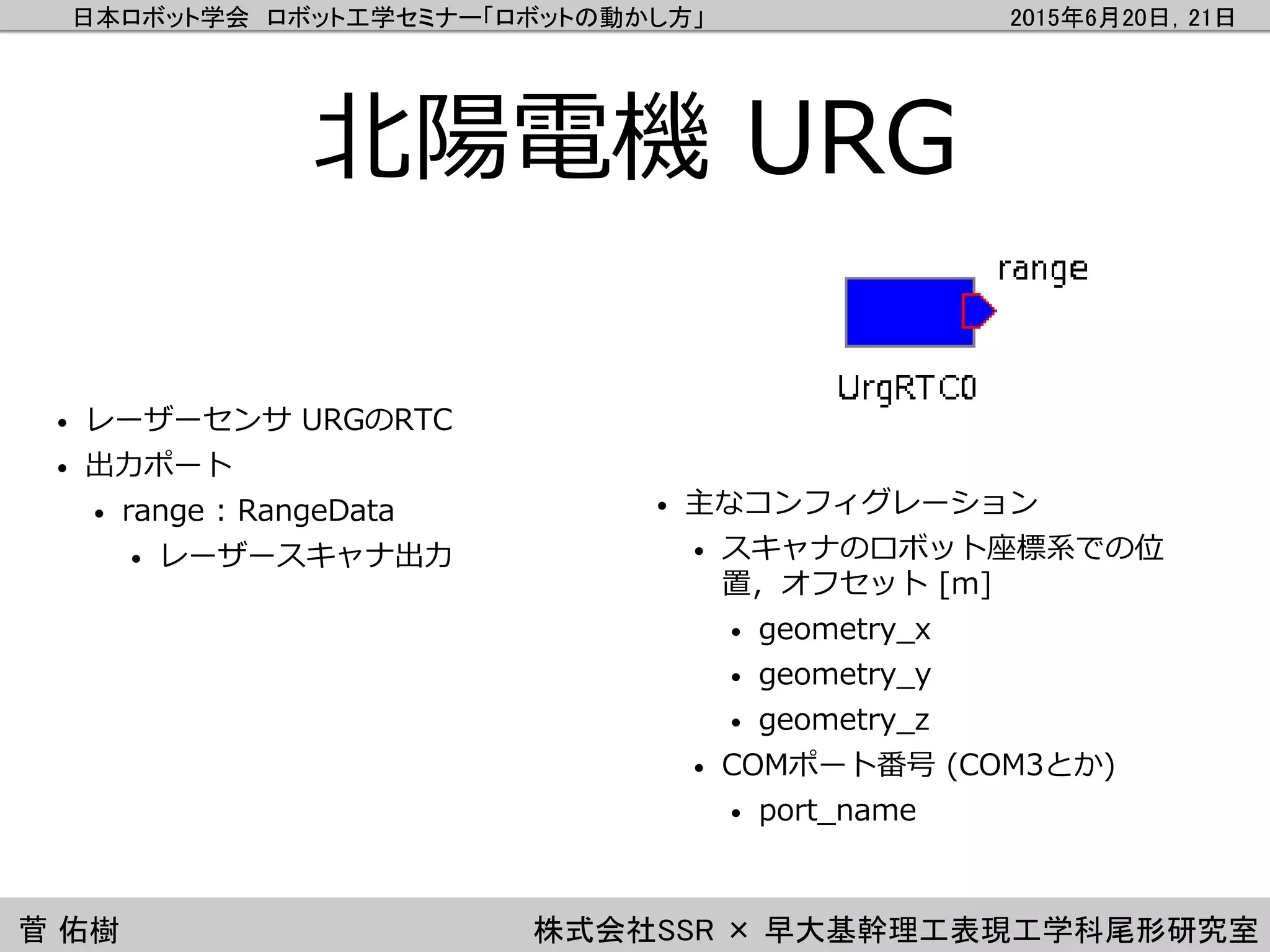 日本ロボット学会 ロボット工学セミナー「ロボットの動かし方」 2015年6月20日，21日
菅 佑樹 株式会社SSR × 早大基幹理工表現工学科尾形研究室
北陽電機 URG
• 主なコンフィグレーション
• スキャナのロボット座標系での位
置，オフセット [m]
• geometry_x
• geometry_y
• geometry_z
• COMポート番号 (COM3とか)
• port_name
• レーザーセンサ URGのRTC
• 出力ポート
• range : RangeData
• レーザースキャナ出力
 