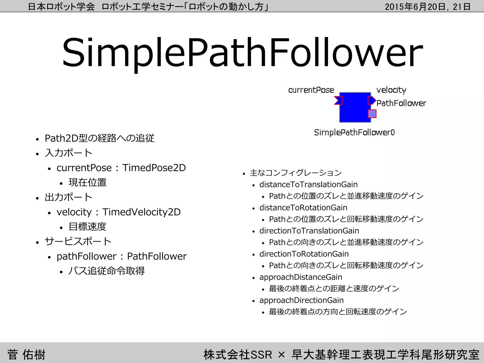 日本ロボット学会 ロボット工学セミナー「ロボットの動かし方」 2015年6月20日，21日
菅 佑樹 株式会社SSR × 早大基幹理工表現工学科尾形研究室
SimplePathFollower
• Path2D型の経路への追従
• 入力ポート
• currentPose : TimedPose2D
• 現在位置
• 出力ポート
• velocity : TimedVelocity2D
• 目標速度
• サービスポート
• pathFollower : PathFollower
• パス追従命令取得
• 主なコンフィグレーション
• distanceToTranslationGain
• Pathとの位置のズレと並進移動速度のゲイン
• distanceToRotationGain
• Pathとの位置のズレと回転移動速度のゲイン
• directionToTranslationGain
• Pathとの向きのズレと並進移動速度のゲイン
• directionToRotationGain
• Pathとの向きのズレと回転移動速度のゲイン
• approachDistanceGain
• 最後の終着点との距離と速度のゲイン
• approachDirectionGain
• 最後の終着点の方向と回転速度のゲイン
 