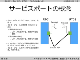 日本ロボット学会 ロボット工学セミナー「ロボットの動かし方」 2015年6月20日，21日
菅 佑樹 株式会社SSR × 早大基幹理工表現工学科尾形研究室
サービスポートの概念
• サービスポートは「インターフェース」を
持つ
• インターフェ...