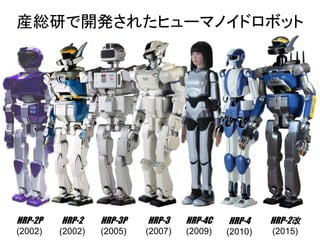 産総研で開発されたヒューマノイドロボット
HRP-2P
(2002)
HRP-2
(2002)
HRP-3P
(2005)
HRP-3
(2007)
HRP-4C
(2009)
HRP-4
(2010)
HRP-2改
(2015)
 