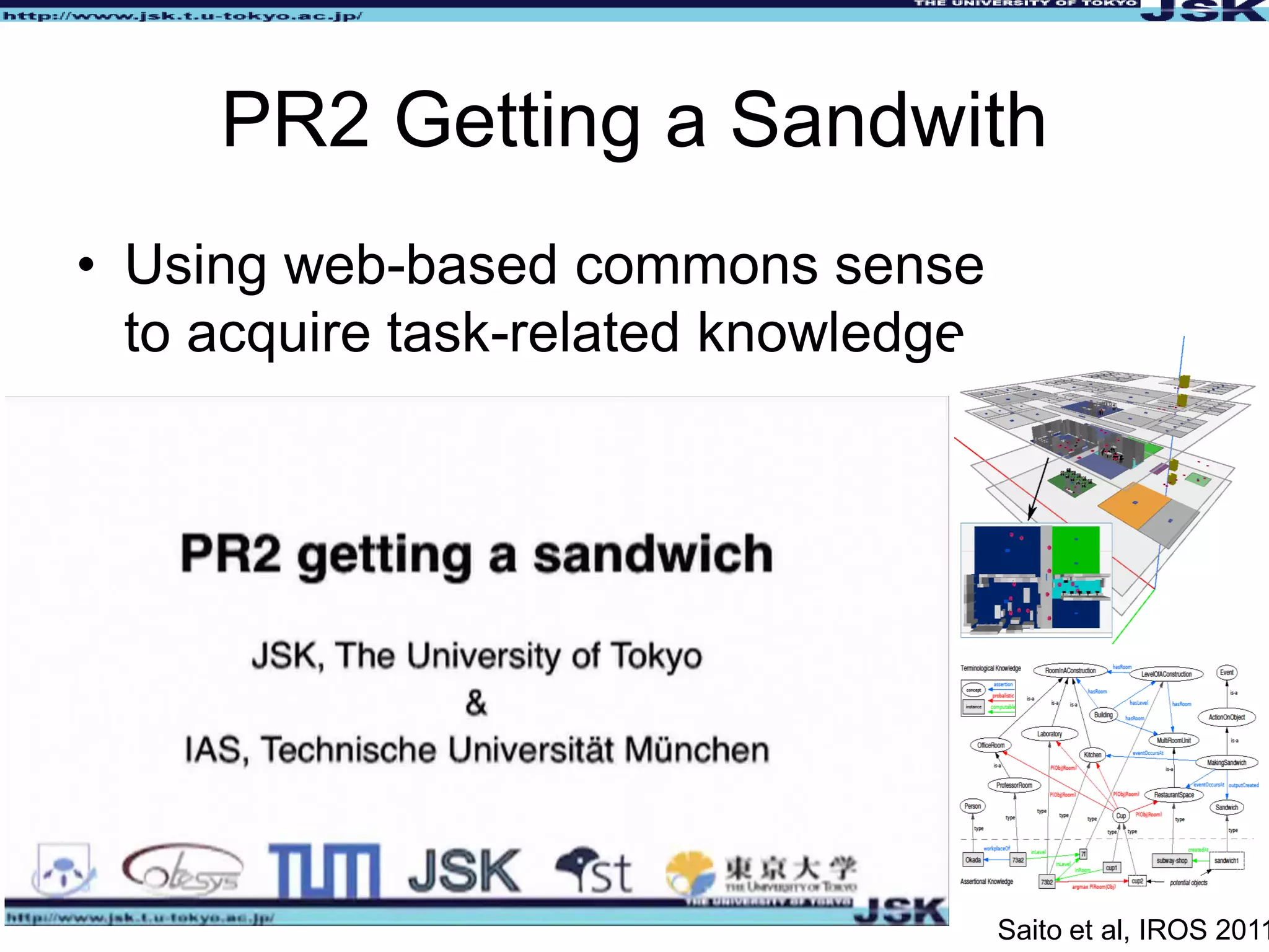 3
PR2 Getting a Sandwith
• Using web-based commons sense
to acquire task-related knowledge
Saito et al, IROS 2011
 