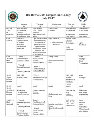 Baa Hozhó Math Camp @ Diné College
July 13-17
Monday
13
Tuesday
14
Wednesday
15
Thursday
16
Friday
17
Pick up
7am
@
Locations
Fort Defiance
7-2-11 store
(Davilyn)
Many Farms High
School (Stella Ben)
Fort Defiance
7-2-11 store
(Davilyn)
Many Farms High
School
Return from
Campout
Fort Defiance
7-2-11 store
Many Farms
High School
Fort Defiance
7-2-11 store
Many Farms
High School
8:00-
9:00a.m
8:00-8:30
Light breakfast
8:30-9:00
Welcome
introduction
NHC-199
Light breakfast and
problem solving;
mathematical
games activities
supervised by
counselors, junior
mentors, and
senior instructors.
GCB-118/119
Light Breakfast
*Leave to Chuska
Mountains
Return from
Chuska
Mountains
Light
Breakfast
Light
Breakfast
9:00-
10:30am
Math
Session 1
Team 1:
Combinatorics, 1
(Tatiana Shubin)
Team 2:
Proofs:Cryptarith
ms
(Serenevy/Klein)
Team 1:
Proofs: Locker
Problem
(Serenevy/Klein)
Team 2:
Combinatorics,2
(Tatiana Shubin)
Set up camp
Wool Dyeing using native
plants
Math
Wrangle
Team
Preparation
10:30-
12pm
Cultural
Activity
EPD 255
Navajo clans
EPD 255
Influenced Navajo
Socialization
EPD 255
Navajo
Traditional
Food and
Herbs
Math
Wrangle
12:00-
12:45
Lunch Lunch Lunch Lunch Lunch
12:45-1:40
Physical
Activity
Walk Dine
College Tour
(Dawnlei/Seanna/Bry)
Frisbee football
(Dawnlei/
Seanna/Bry)
Mathematical tent-
Dave
Jewelry with Juniper
Beads
(Dawnlei/Seanna/Br
y)
Capture the
Flag
(Dawnlei/
Seanna/Bry)
T.J Hunter
with Bows
and Arrows
1:45-3:15
Math
Session 2
Team 1:
Proofs:Cryptarith
ms
(Serenevy/Klein)
Team 2:
Combinatorics, 1
(Tatiana Shubin)
Team 1:
Combinatorics,2
(Tatiana Shubin)
Team 2:
Proofs: Locker
Problem
(Serenevy/Klein)
Math Session:
What Does the
Logo Know?
(Dave Auckly)
Guest
Speaker
Julius
Yellowhair
With student
interaction.
 