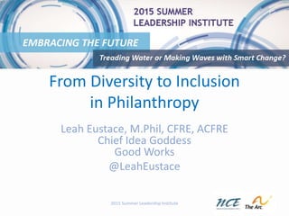 From Diversity to Inclusion
in Philanthropy
Leah Eustace, M.Phil, CFRE, ACFRE
Chief Idea Goddess
Good Works
@LeahEustace
2015 Summer Leadership Institute
 