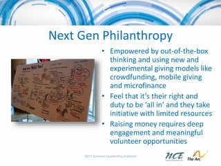 Next Gen Philanthropy
• Empowered by out-of-the-box
thinking and using new and
experimental giving models like
crowdfundin...