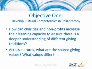 Objective One:
Develop Cultural Competencies in Philanthropy
• How can charities and non-profits increase
their learning c...