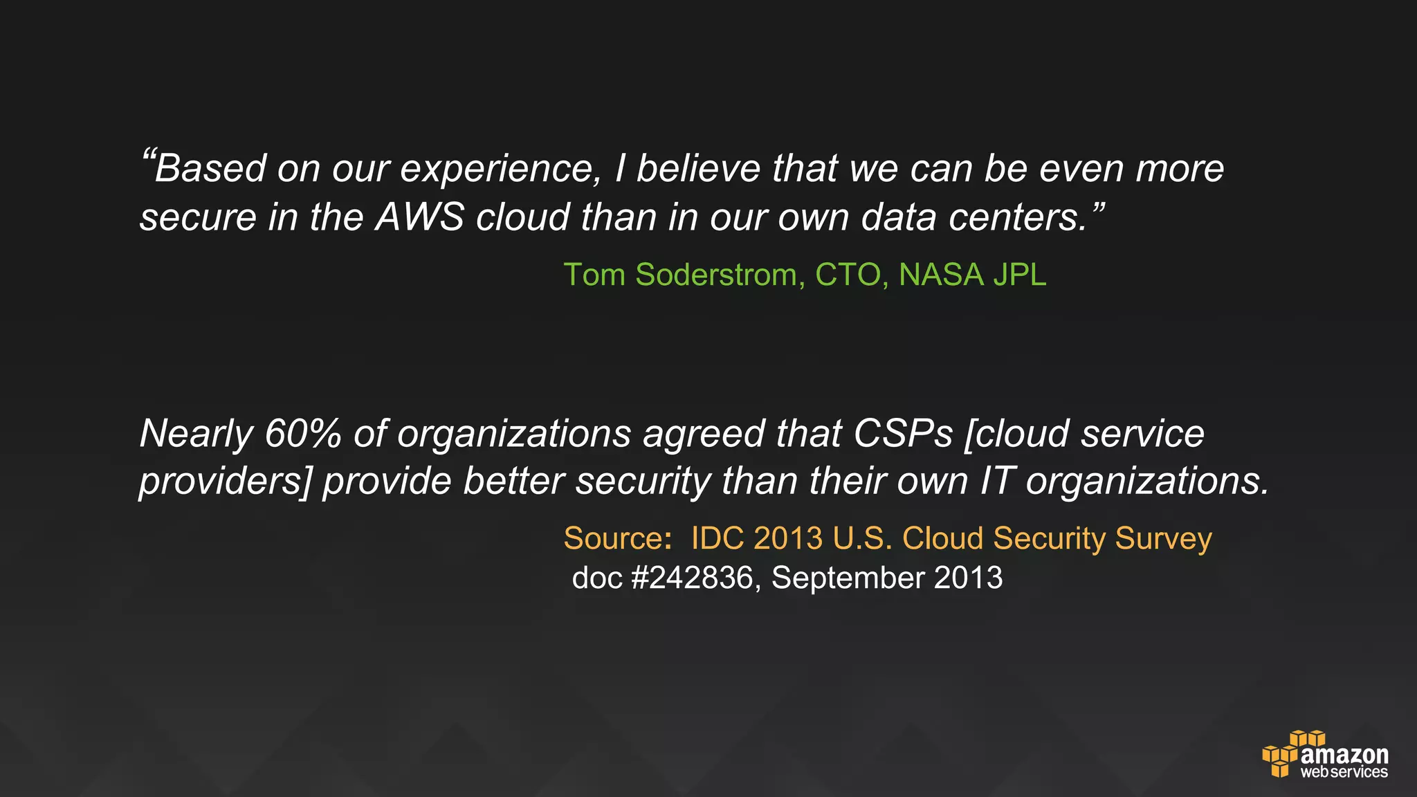 AWS Security in Context
VISIBILITY
AUDITABILITY
CONTROL
AGILITY
Customer get more…
Through our…
 