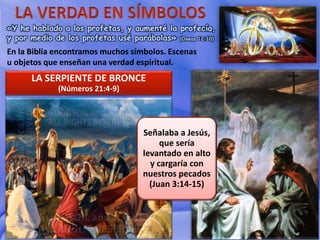 Señalaba a Jesús,
que sería
levantado en alto
y cargaría con
nuestros pecados
(Juan 3:14-15)
LA SERPIENTE DE BRONCE
(Números 21:4-9)
«Y he hablado a los profetas, y aumenté la profecía,
y por medio de los profetas usé parábolas» (Oseas 12:10)
En la Biblia encontramos muchos símbolos. Escenas
u objetos que enseñan una verdad espiritual.
 