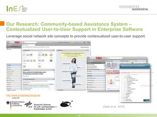 Our Research: Community-based Assistance System –
Contextualized User-to-User Support in Enterprise Software
18
(Gass et al., 2015)
http://www.projectwechange.de/
Leverage social network site concepts to provide contexualized user-to-user support.
 
