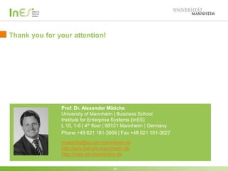 Thank you for your attention!
25
Prof. Dr. Alexander Mädche
University of Mannheim | Business School
Institute for Enterprise Systems (InES)
L 15, 1-6 | 4th floor | 68131 Mannheim | Germany
Phone +49 621 181-3606 | Fax +49 621 181-3627
maedche@es.uni-mannheim.de
http://eris.bwl.uni-mannheim.de
http://ines.uni-mannheim.de
 