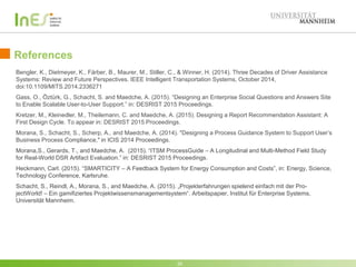 References
Bengler, K., Dietmeyer, K., Färber, B., Maurer, M., Stiller, C., & Winner, H. (2014). Three Decades of Driver Assistance
Systems: Review and Future Perspectives. IEEE Intelligent Transportation Systems, October 2014,
doi:10.1109/MITS.2014.2336271
Gass, O., Öztürk, G., Schacht, S. and Maedche, A. (2015). “Designing an Enterprise Social Questions and Answers Site
to Enable Scalable User-to-User Support.” in: DESRIST 2015 Proceedings.
Kretzer, M., Kleinedler, M., Theilemann, C. and Maedche, A. (2015). Designing a Report Recommendation Assistant: A
First Design Cycle. To appear in: DESRIST 2015 Proceedings.
Morana, S., Schacht, S., Scherp, A., and Maedche, A. (2014). "Designing a Process Guidance System to Support User’s
Business Process Compliance," in ICIS 2014 Proceedings.
Morana,S., Gerards, T., and Maedche, A. (2015). “ITSM ProcessGuide – A Longitudinal and Multi-Method Field Study
for Real-World DSR Artifact Evaluation.” in: DESRIST 2015 Proceedings.
Heckmann, Carl. (2015). “SMARTICITY – A Feedback System for Energy Consumption and Costs”, in: Energy, Science,
Technology Conference, Karlsruhe.
Schacht, S., Reindl, A., Morana, S., and Maedche, A. (2015). „Projekterfahrungen spielend einfach mit der Pro-
jectWorld! – Ein gamifiziertes Projektwissensmanagementsystem“. Arbeitspapier, Institut für Enterprise Systems,
Universität Mannheim.
26
 