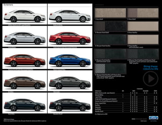 2015 taurus+sho 
ford.com 
Exteriors Interiors 
White Platinum Tri-coat Metallic Oxford White 
Ingot Silver Ruby Red Tinted Clearcoat Metallic 
Bronze Fire Tinted Clearcoat Metallic Deep Impact Blue 
Caribou Magnetic 
Dark Side Tuxedo Black 
Interiors 
Exteriors SE SEL Limited SHO 
White Platinum Tri-coat Metallic1 2 3 4 5 6 7 8 9 
Oxford White 1 2 4 
Ingot Silver 1 2 3 4 5 6 7 8 9 
Ruby Red Tinted Clearcoat Metallic1 2 3 4 5 6 7 8 9 
Bronze Fire Tinted Clearcoat Metallic1 2 3 4 5 6 7 8 
Deep Impact Blue 1 2 3 4 5 6 7 8 9 
Caribou 1 2 3 4 5 6 7 
Magnetic 1 2 3 4 5 6 7 8 9 
Dark Side 1 2 3 4 5 6 7 8 9 
Tuxedo Black 1 2 3 4 5 6 7 8 9 
4, 5 Optional on SEL 
1Additional charge. 
Colors are representative only. See your dealer for actual paint/trim options. 
1 Dune Cloth 2 Dune Cloth 
3 Charcoal Black Cloth 4 Dune Leather 
5 Charcoal Black Leather 6 Dune Leather 
with Perforated Inserts 
7 Charcoal Black Leather 
with Perforated Inserts 
8 Charcoal Black Leather with Charcoal Black 
Perforated Inserts and front-seat embroidered 
“SHO” graphics 
9 Charcoal Black Leather with Mayan Gray 
Miko® Suede Perforated Inserts and front-seat 
embroidered “SHO” graphics 
Bring these 
colors to life 
 