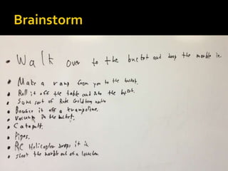  Students Brainstorm 10 ways to get the ball
in the bucket
 Show photo of students brainstorming
 Show list of ideas they created
 