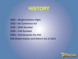 HISTORY
1903 – Wright brothers flight
1926 – Air Commerce Act
1936 – AMA founded
1938 – CAA founded
1958 – CAA becomes the FAA
FAA Modernization and Reform Act of 2012
 