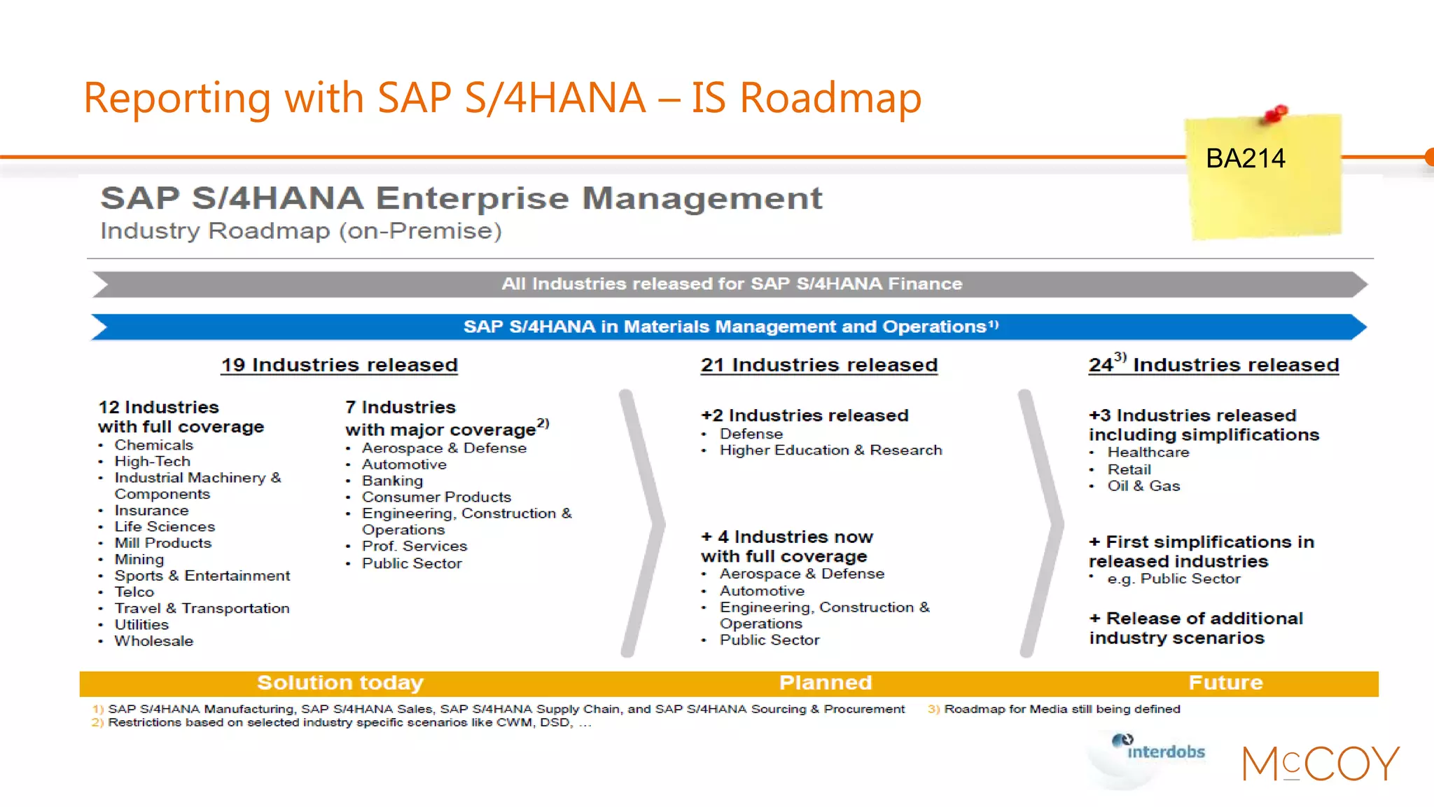 Agenda
• Keynote
• S/4 HANA
• BW, HANA or a mix, whatever you like!
• BW 7.5
• Cloud for Analytics and BOBJ
 